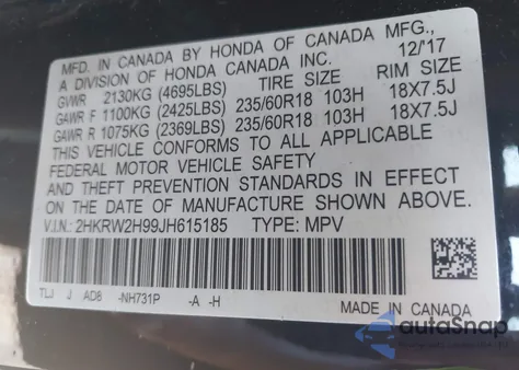 2018 Honda Cr-V Touring из США, поврежденный, VIN 2HKRW2H99JH615185